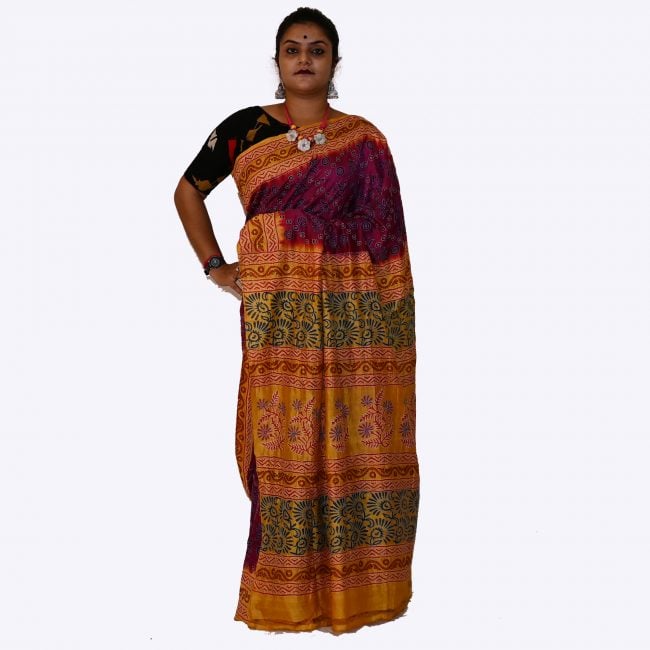 Handwoven Block Kantha Work Silk Saree