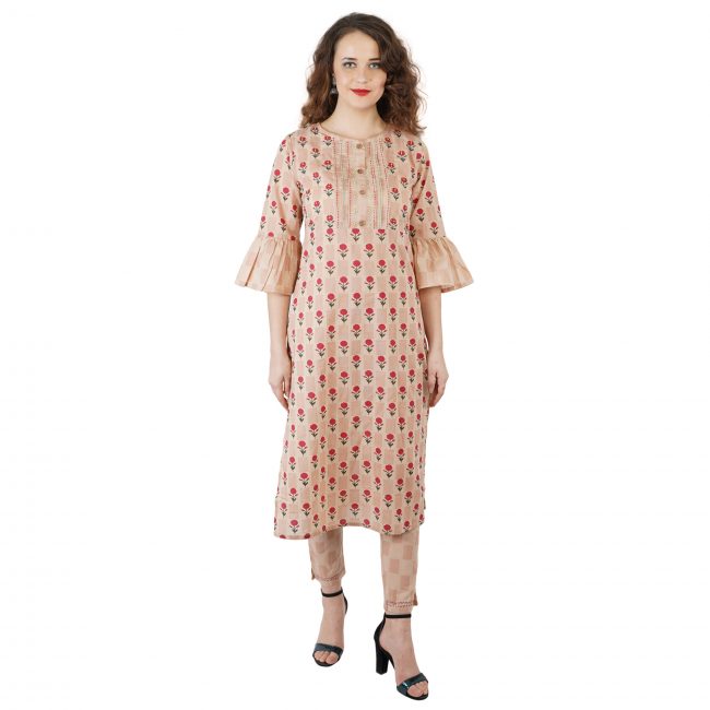 Peach Floral Printed Straight Line Kurti With Pant