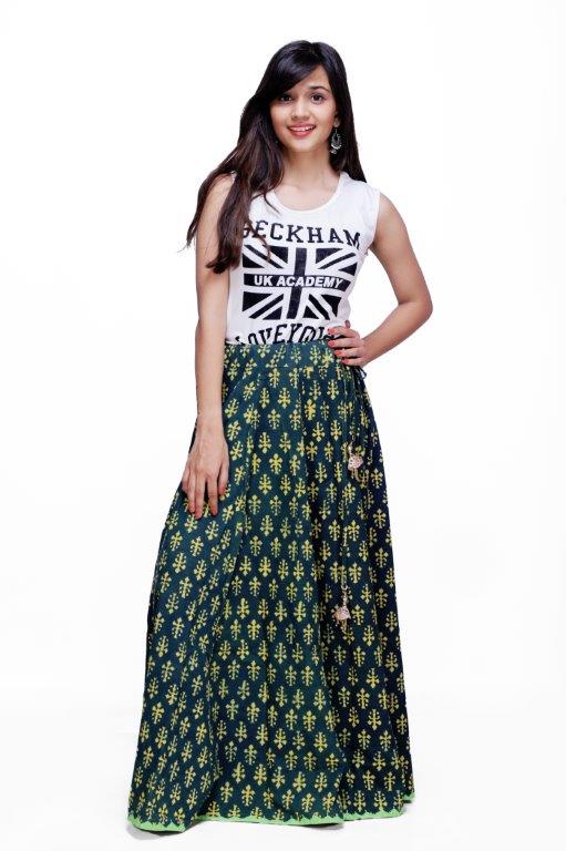 Hand Embroidered Green Batik Print Long Skirt