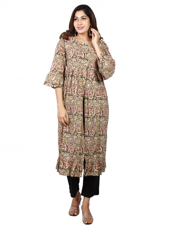Hand Embroidered Brown Paisley Print Cotton Slit Kurti