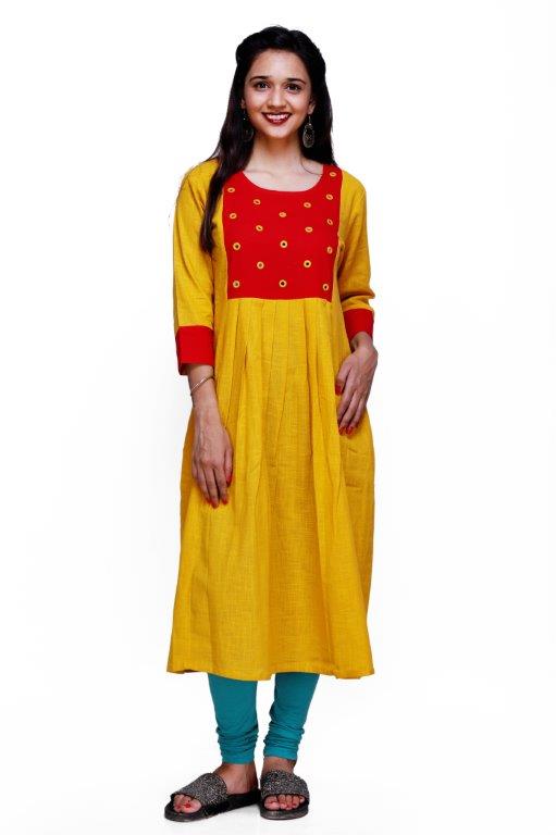 Mustard Mirror Work Straight Line Kurti