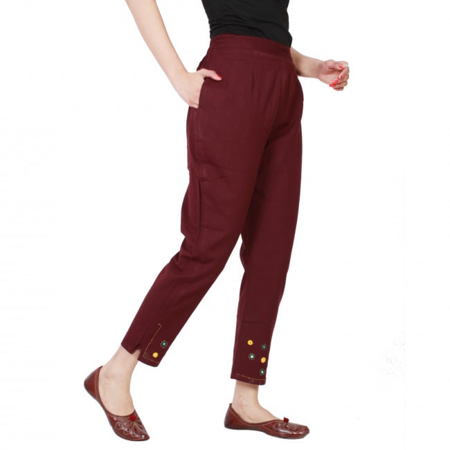Tribes India Maroon Cotton Narrow Pant With Embellished Hem