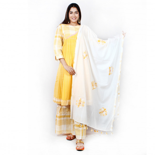 Hand Embroidered Cotton Kurti-Palazzo Set With Dupatta