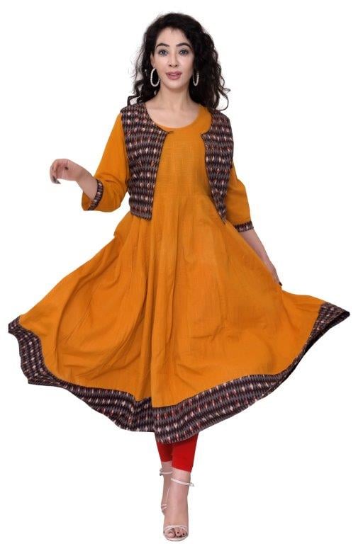 Yellow Hand Embroidered Cotton Kurti With Printed Jacket