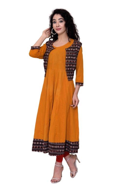 Yellow Hand Embroidered Cotton Kurti With Printed Jacket