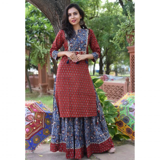 Bagru Handblock Print Cotton Kurta-Skirt Set “ Red