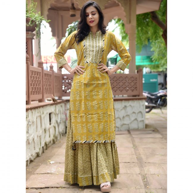 Bagru Handblock Print Cotton Kurta Skirt Set - Mustard