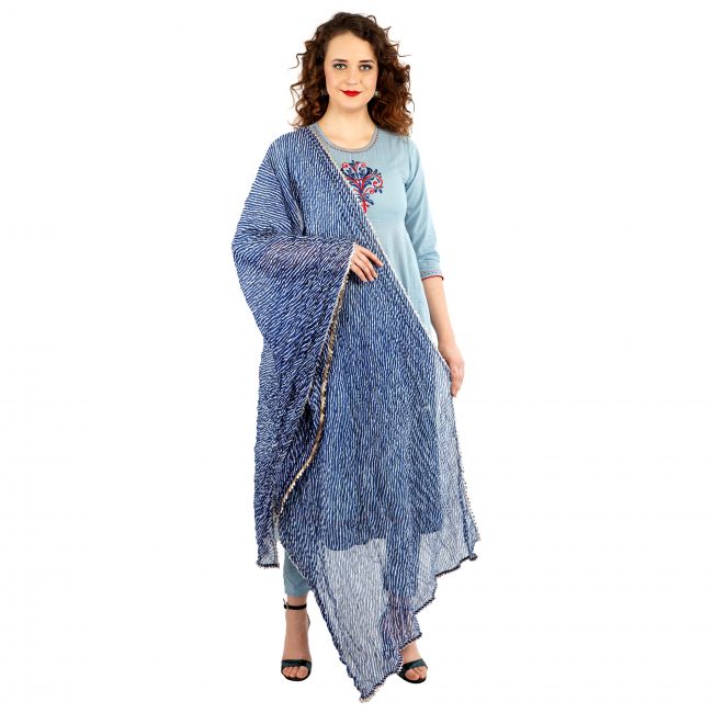 Hand Embroidered Cotton A-Line Kurti With Pant and Leheriya Dupatta