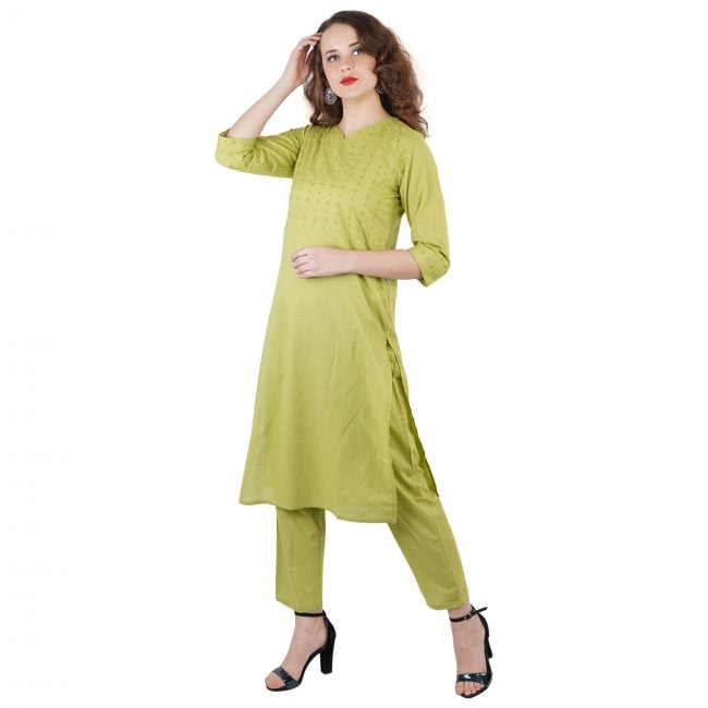 Green Hand Embroidered Cotton Kurti Pant Set