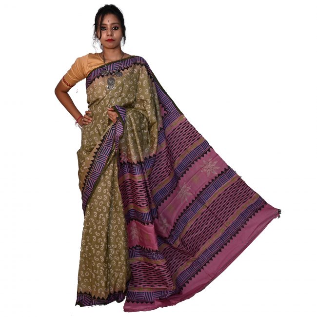 Tassor Print Saree Green