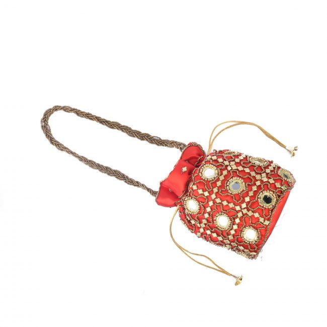 Tribes India Round Pearls Bag with Mirrors