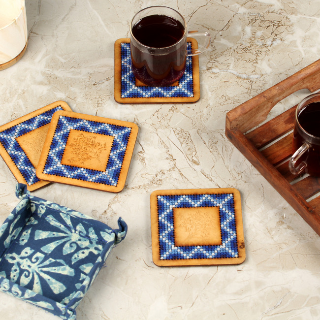 Tribes India Hand Embroidered Tea Coster 4 Pc Set (Blue)