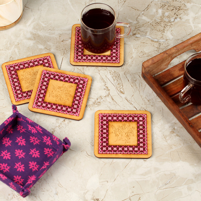Tribes India Hand Embroidered Tea Coster 4 Pc Set (Purple)