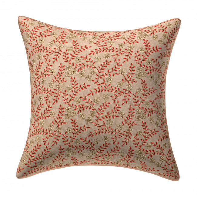 Tribes India Handmade Red Floral Zari Cushion Cover