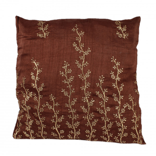 Tribes India Handmade Brown Floral Zari Cushion Cover