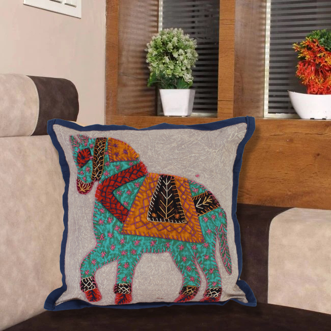 Tribes India Handmade Horse Patchwork Cushion Cover (D-2)