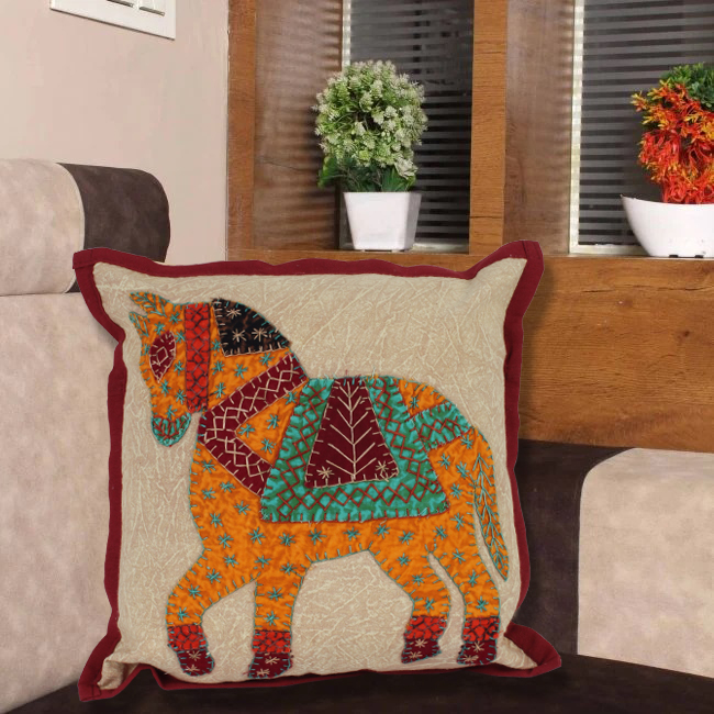 Tribes India Handmade Horse Patchwork Cushion Cover (D-4)