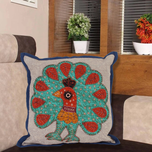 Tribes India Dancing Peacock Patchwork Cushion Cover (D-2)