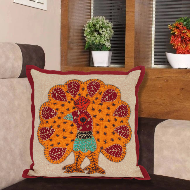 Tribes India Handmade Dancing Peacock Patchwork Cushion Cover (D-3)