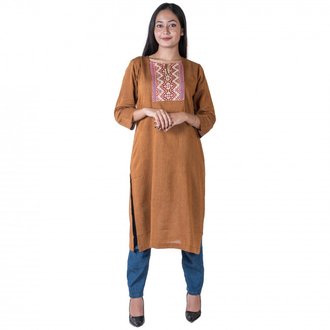 Handmade Pure Cotton Brown Long Kurti 3/4th Sleeves for Women
