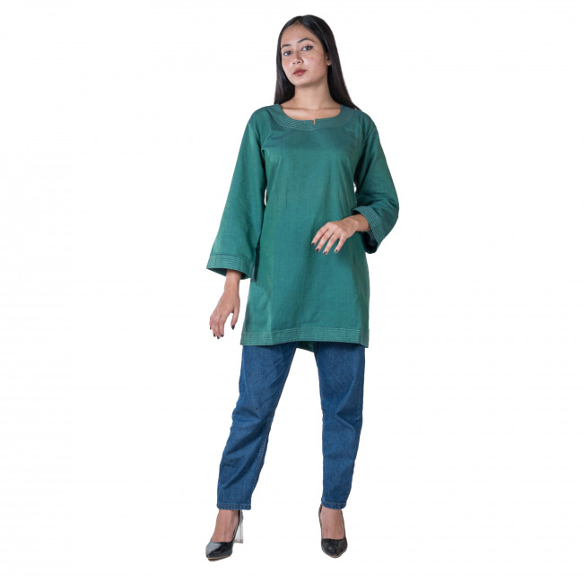 Handmade Pure Cotton Green Short Kurti for Women