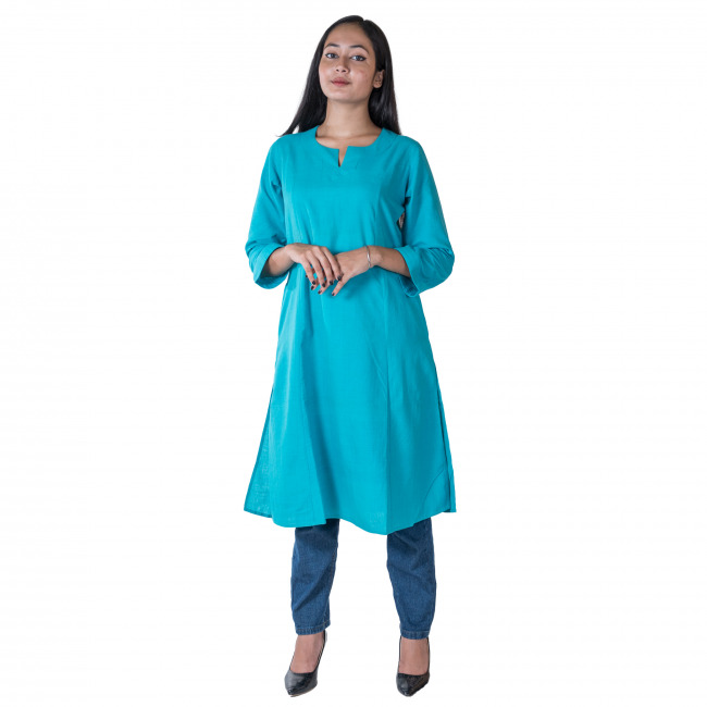 Handmade Pure Cotton Blue Long Kurti 3/4th Sleeves for Women
