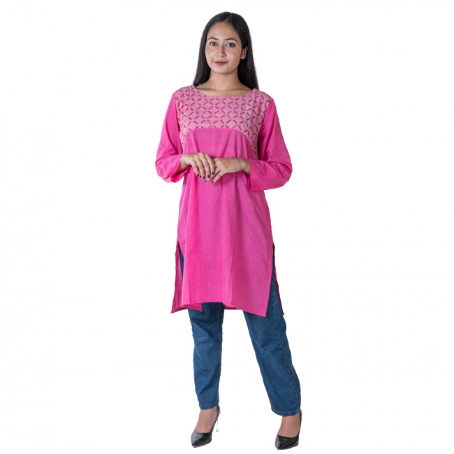 Handmade Pure Cotton Pink Long Kurti 3/4th Sleeves for Women