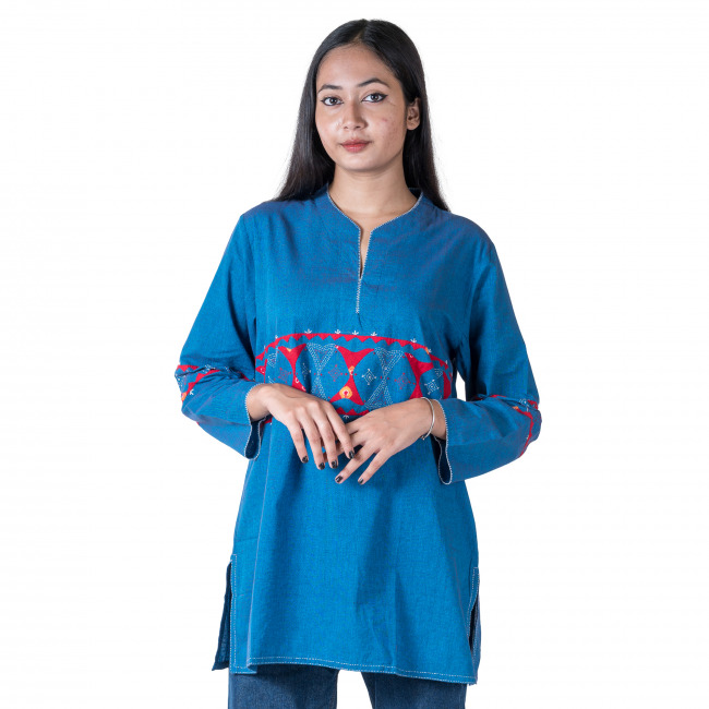 Handmade Pure Cotton Blue Top for Women