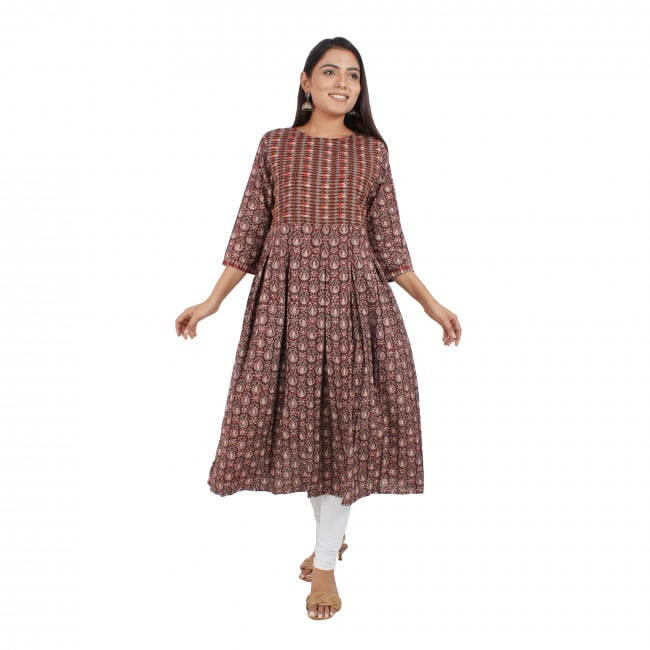 Tribes India Bagru Hand Block Printed Anarkali Kurti With Kantha Work (Brown)