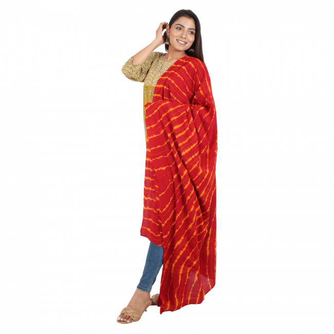 Tribes India Handmade Red-Yellow Tie And Dye Cotton Dupatta With Kantha Work