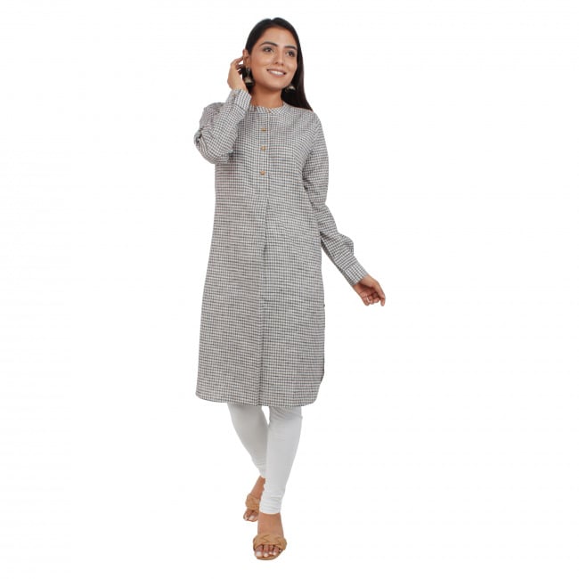 Tribes India Black Check Printed Straight Line Kurti