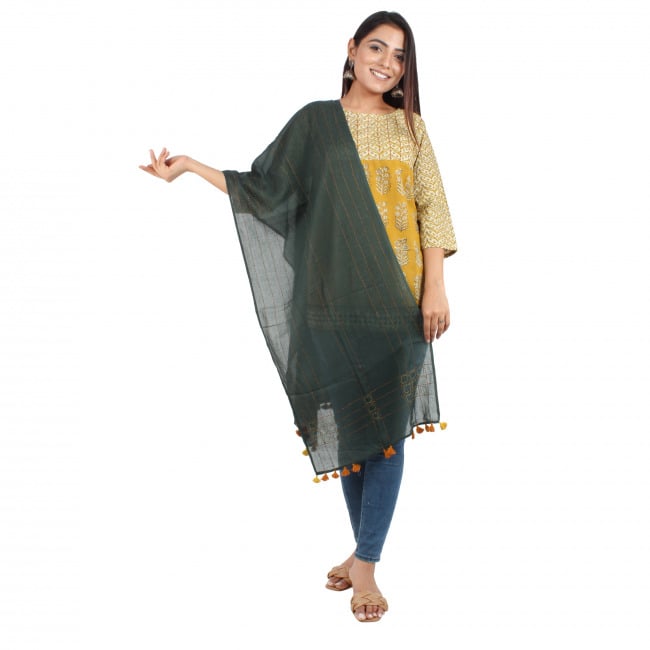 Tribes India Handmade Green Mulmul Stole With Kantha Work