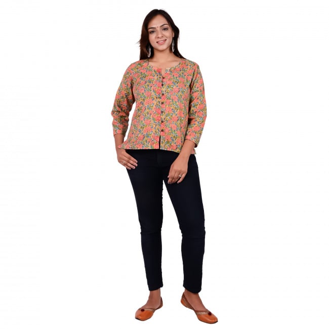 Tribes India Floral Printed Short Kurti With Kantha Work