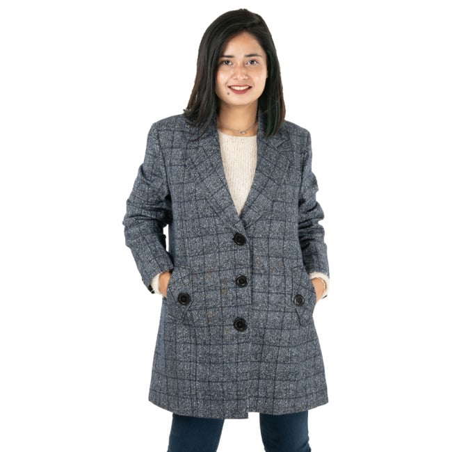 Handloom Woolen Ladies Blue Long Coat - 36