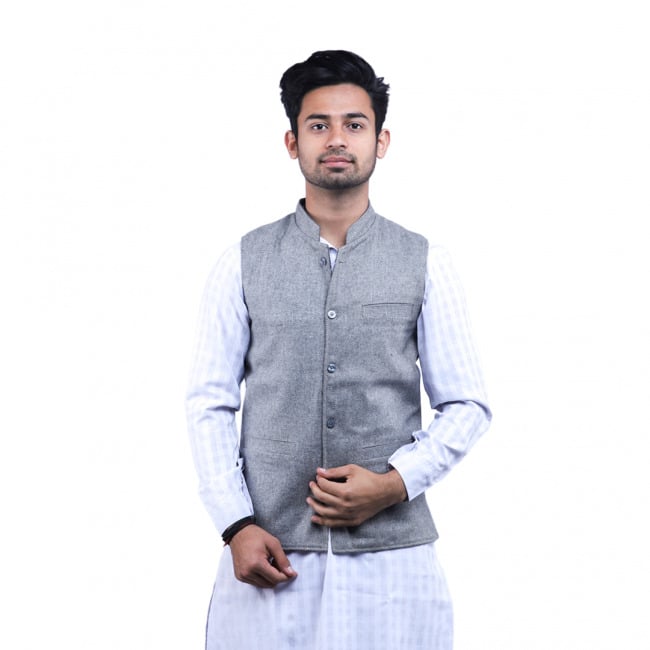 Woolen Herringbone Grey Waist Coat - 42