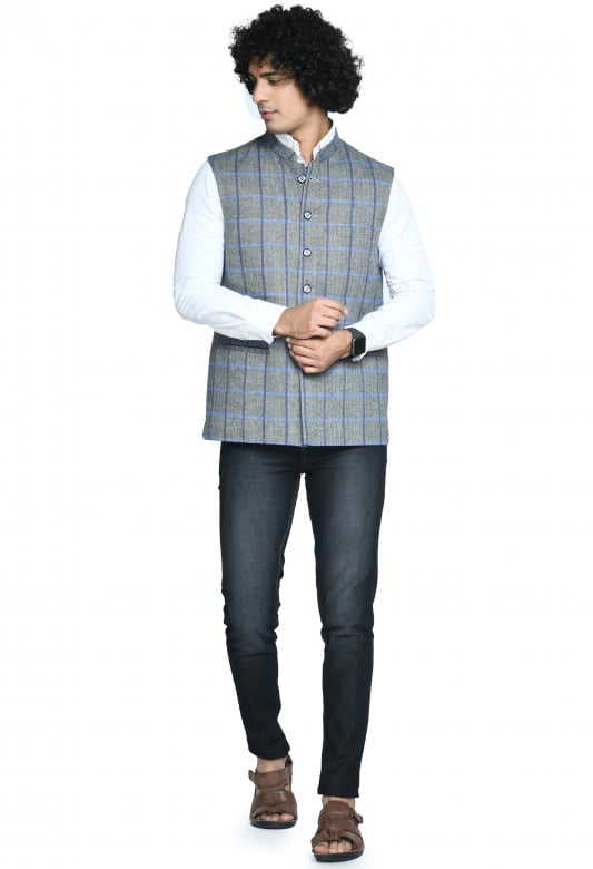 Tribes India Woolen Jacket For Men - Grey with Blue - 40