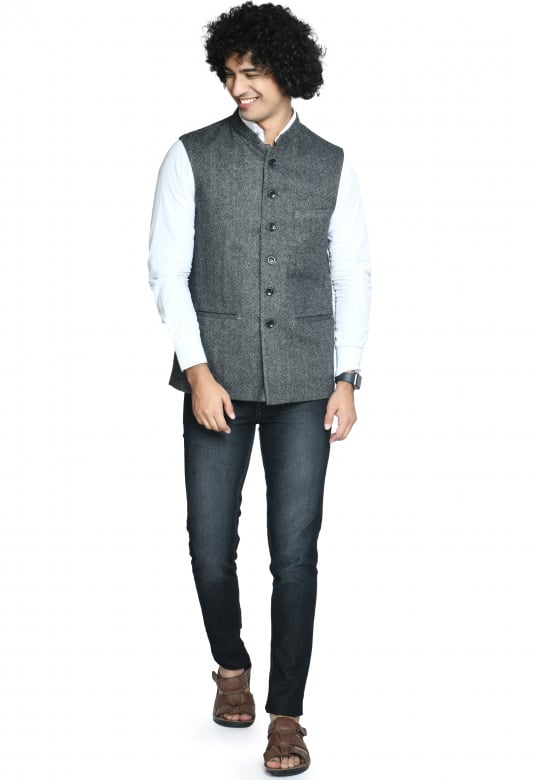 Tribes India Woolen Jacket For Men - Dark Grey