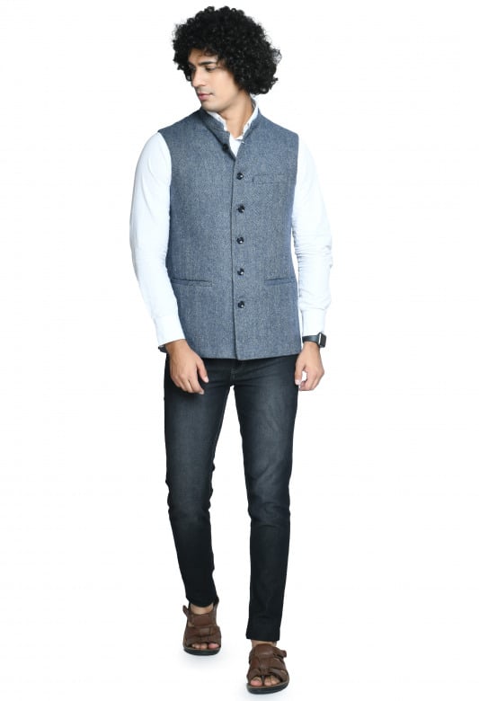 Tribes India Woolen Jacket For Men - Navy Blue - 48