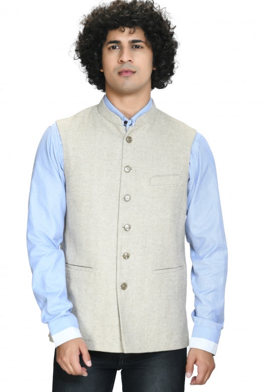 Tribes India Woolen Jacket For Men - Off White - 40