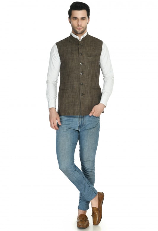 Tribes India Jacket For Men-Brown Shades - 42