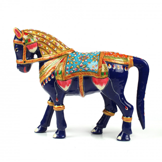 Tribes India Metal Meenakari Horse With Blue Seat (18 CM)