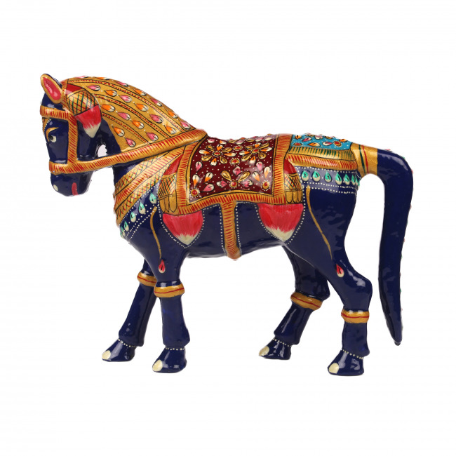 Tribes India Metal Meenakari Horse With Brown Seat (18 CM)