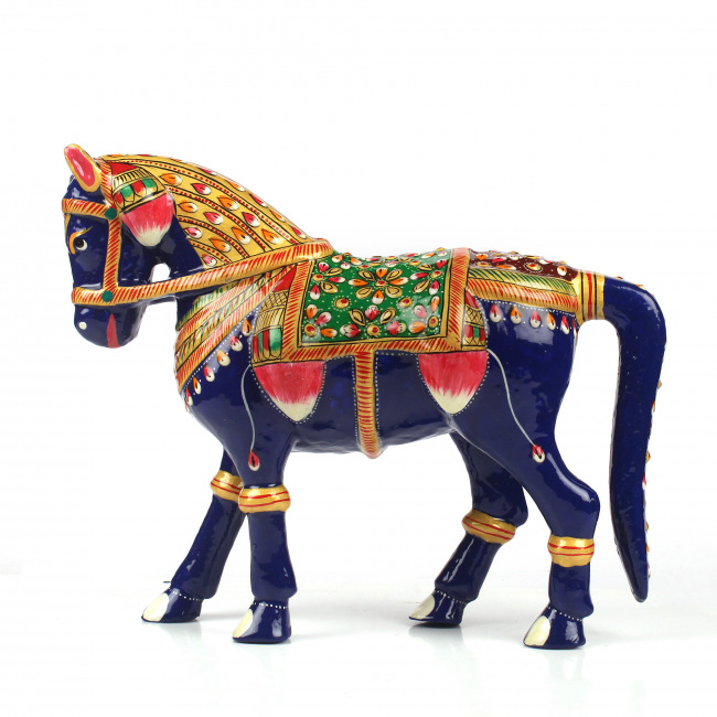 Tribes India Metal Meenakari Horse With Green Seat (18 CM)