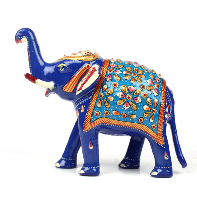 Tribes India Metal Meenakari Elephant Statue With Blue Seat (14 CM)