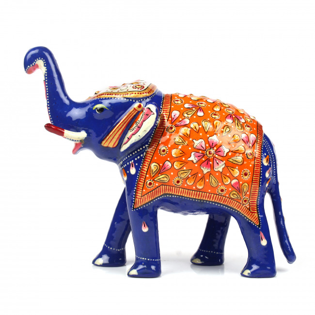 Tribes India Metal Meenakari Elephant Statue With Orange Seat (14 CM)