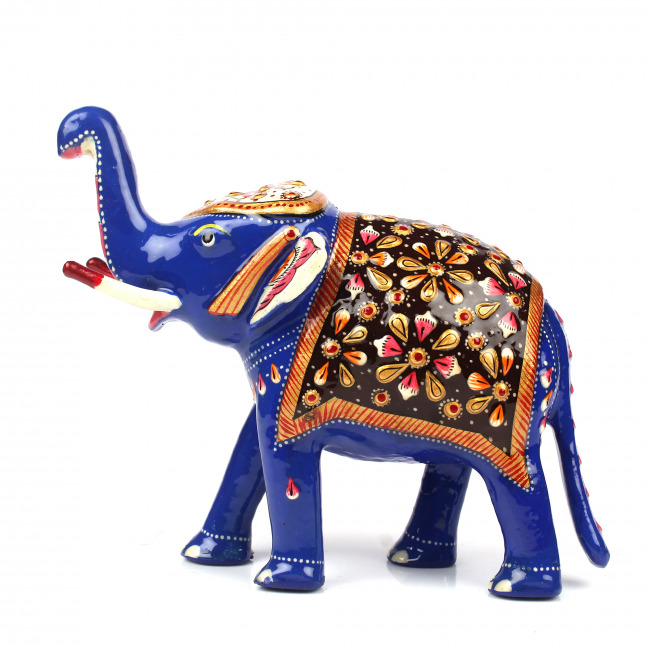 Tribes India Metal Meenakari Elephant Statue With Brown Seat (14 CM)