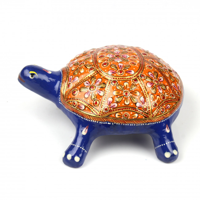 Tribes India Orange Back Metal Meenakari Tortoise Statue (7 CM)