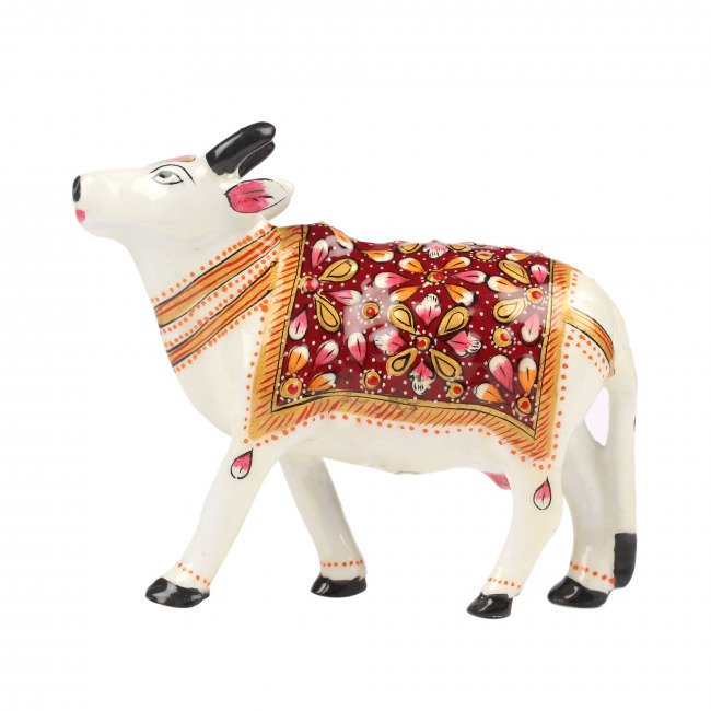 Tribes India Maroon Metal Meenakari Standing Cow Statue (10 CM)