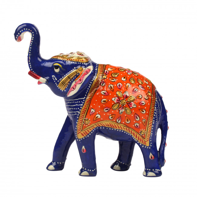 Tribes India Metal Meenakari Orange Elephant Statue (12 CM)