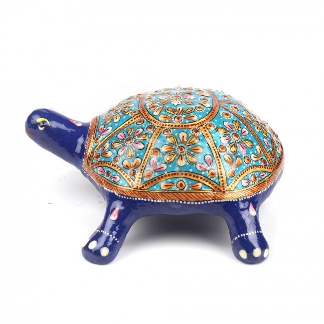 Tribes India Blue Back Metal Meenakari Tortoise Statue (7 CM)